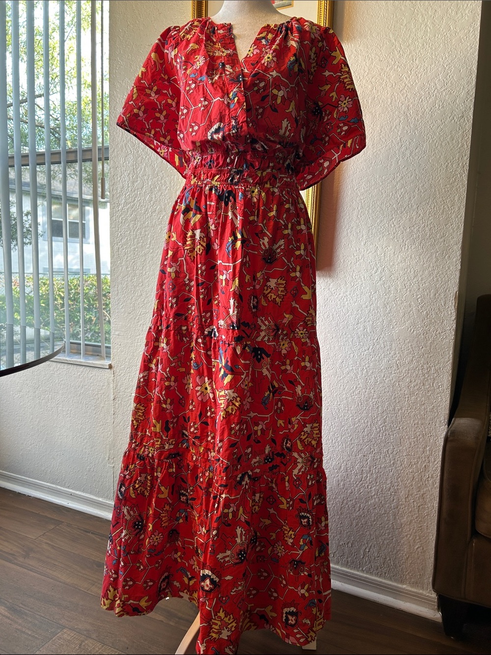 Anthopologie Red Floral Maxi Dress with Tiered Skirt Sz 2X- 100% Cotton - Picture 4 of 12